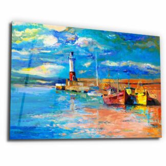 Nautical Lighthouse and Boats Oil Painting - Glass Wall Art