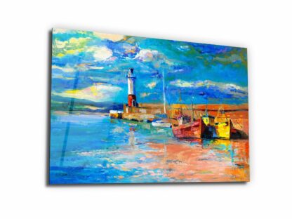 Nautical Lighthouse and Boats Oil Painting - Glass Wall Art