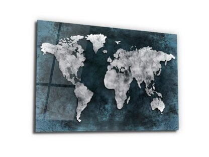 World Map Dark Blue Silver - Glass Wall Art